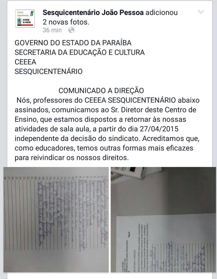 Professores do Sesquicentenario atacam greve e divulgam abaixo assinado garantindo retorno às aulas