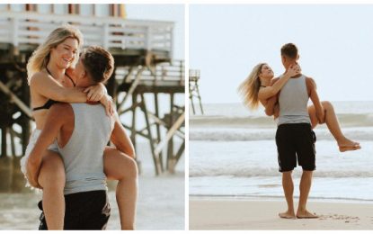 Filha de Gugu faz ensaio romântico com o namorado na praia