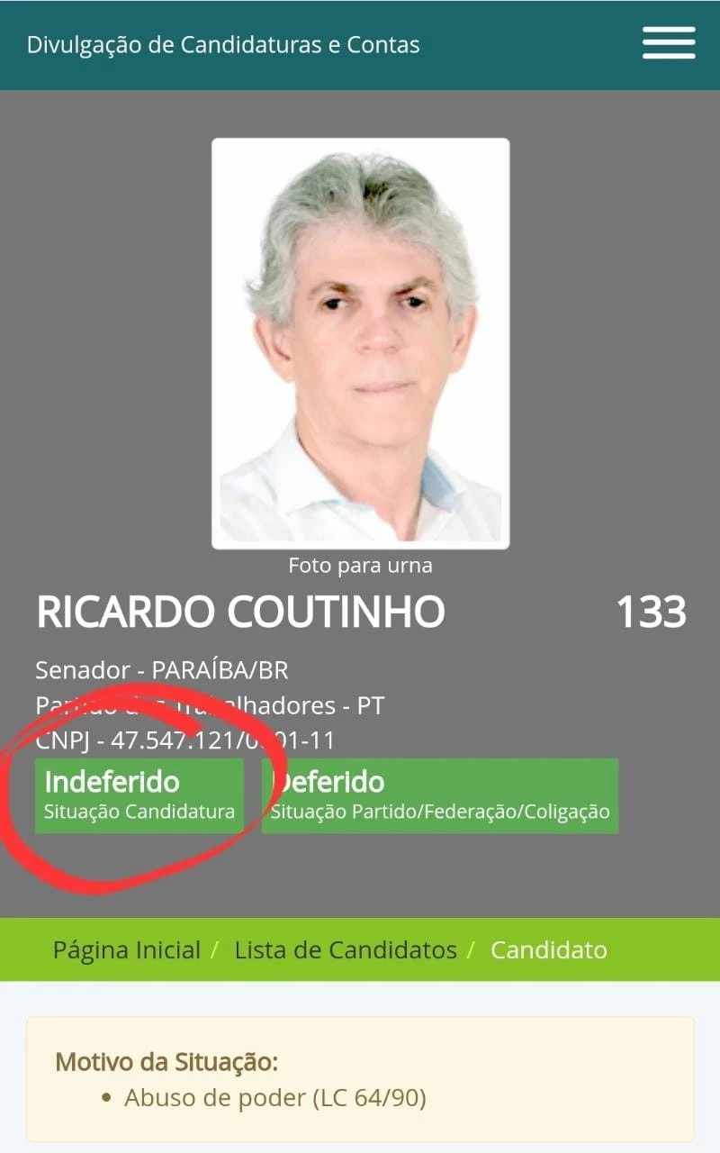 FICHA SUJA: votos em Ricardo Coutinho serão anulados
