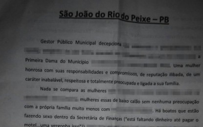 ESCÂNDALO: Carta anônima denuncia casos extraconjugais de políticos, sexo dentro do gabinete e desvio de dinheiro em prefeitura da Paraíba