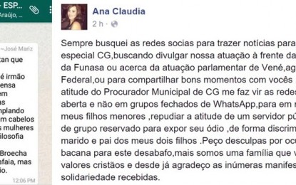 Esposa de Veneziano repudia ataque odiento do procurador de Campina Grande ao seu marido