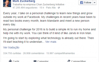 Mark Zuckerberg quer construir um sistema de inteligência artificial semelhante ao de Tony Starks, do filme Homem de Ferro.