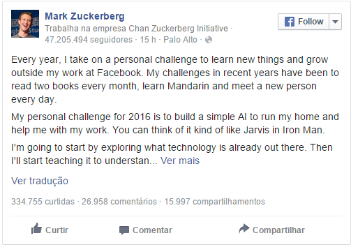 Mark Zuckerberg quer construir um sistema de inteligência artificial semelhante ao de Tony Starks, do filme Homem de Ferro.