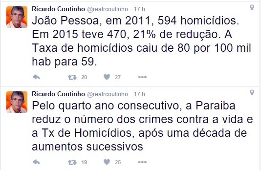 Ricardo usa as redes sociais para anunciar redução de homicídios na PB