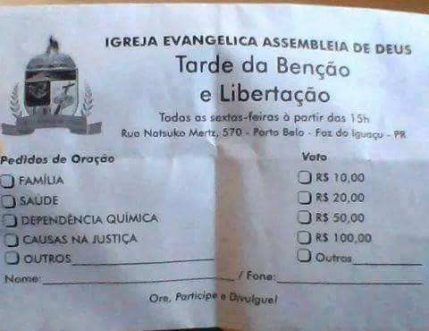 Igreja Evangélica cobra de R$ 10 a R$ 100 por milagres – veja a tabela