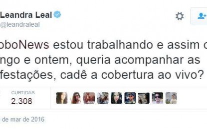 Atriz da Globo questiona emissora sobre cobertura das manifestação