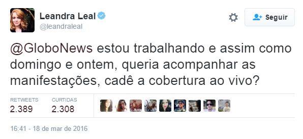 Atriz da Globo questiona emissora sobre cobertura das manifestação