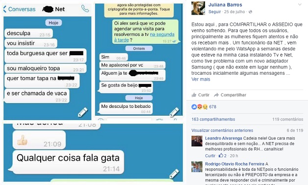 ALERTA: Instalador da NET passa a assediar e ameaçar cliente depois de visita