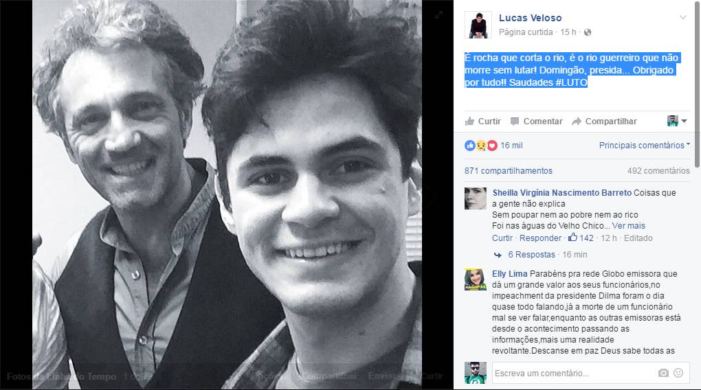 Ator paraibano Lucas Veloso usa redes sociais para lamentar morte de colega