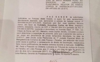 “SEM JUSTA CAUSA”: Revogada a prisão preventiva; Rodolfo Carlos assinou as 3 da madrugada e está livre