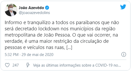 COVID-19: João Azevêdo nega ‘lockdown’, mas confirma restrição de circulação para veículos e pessoas