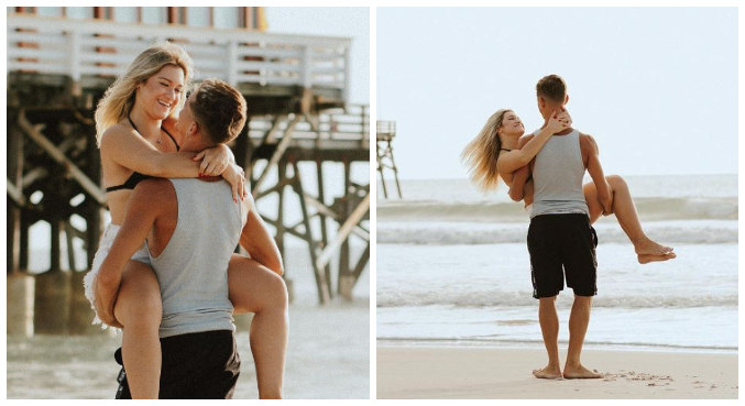 Filha de Gugu faz ensaio romântico com o namorado na praia